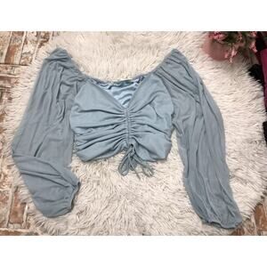 American Threads Women's Sky Blue Ruched Long Sleeve Cropped Top Blouse sz Med